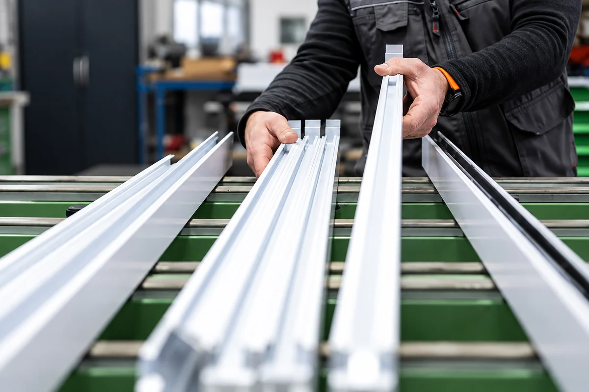 Worker handling long aluminum extrusion profiles during production inspection