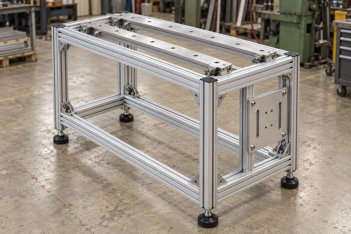 Assembled custom aluminum automation frame in a workshop with machined guide-rail mounting bars, equipment mounting plate, and leveling feet