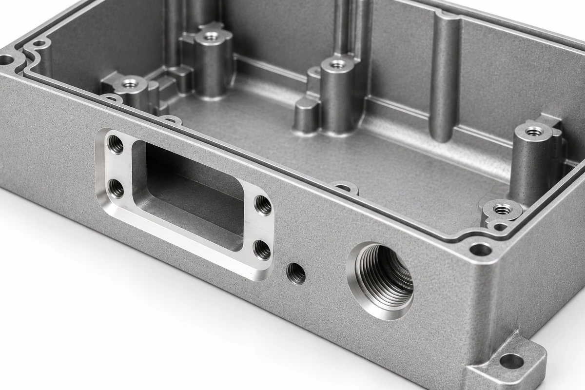 Close-up of CNC-machined openings, threaded holes and mounting interfaces on a die cast aluminum enclosure