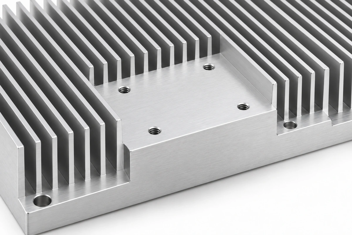Close-up of CNC-machined power-module mounting face, threaded holes and high fins on an extruded aluminum heat sink