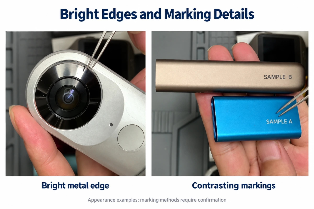 Bright metal edge around a camera lens and contrasting markings on aluminum enclosures