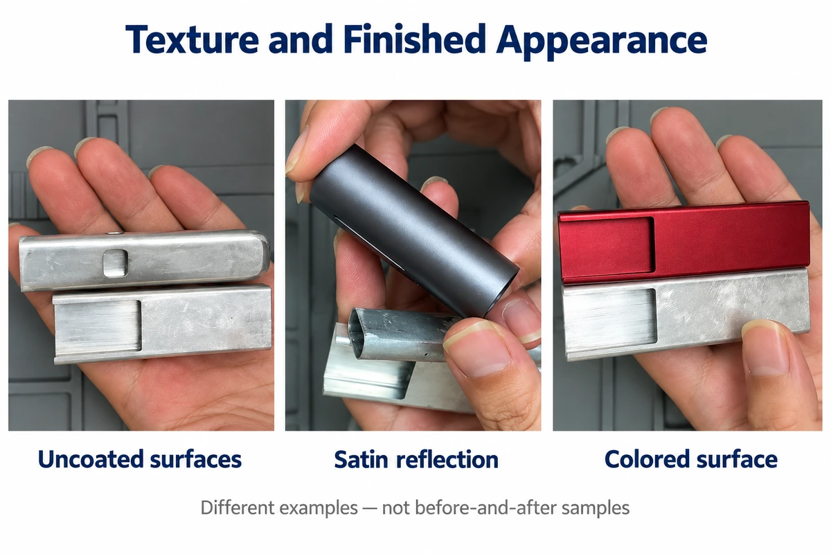 Uncoated aluminum enclosure samples alongside satin and red anodized finishes