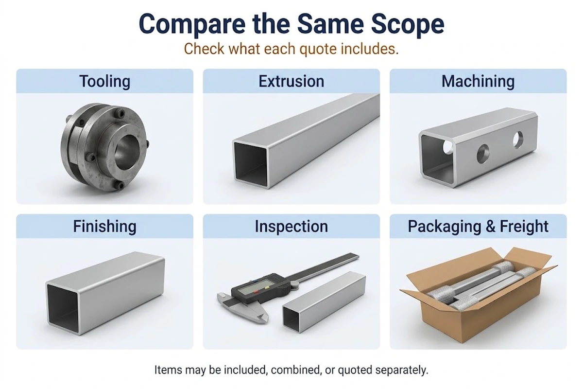 Aluminum extrusion quote scope: tooling, extrusion, machining, finishing, inspection, and packaging and freight.