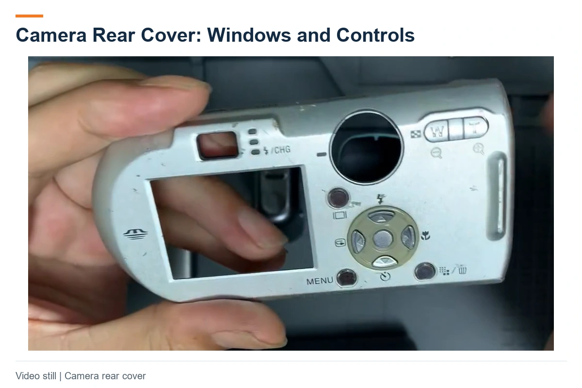 Camera rear cover with a screen window, viewfinder opening, and rear control features