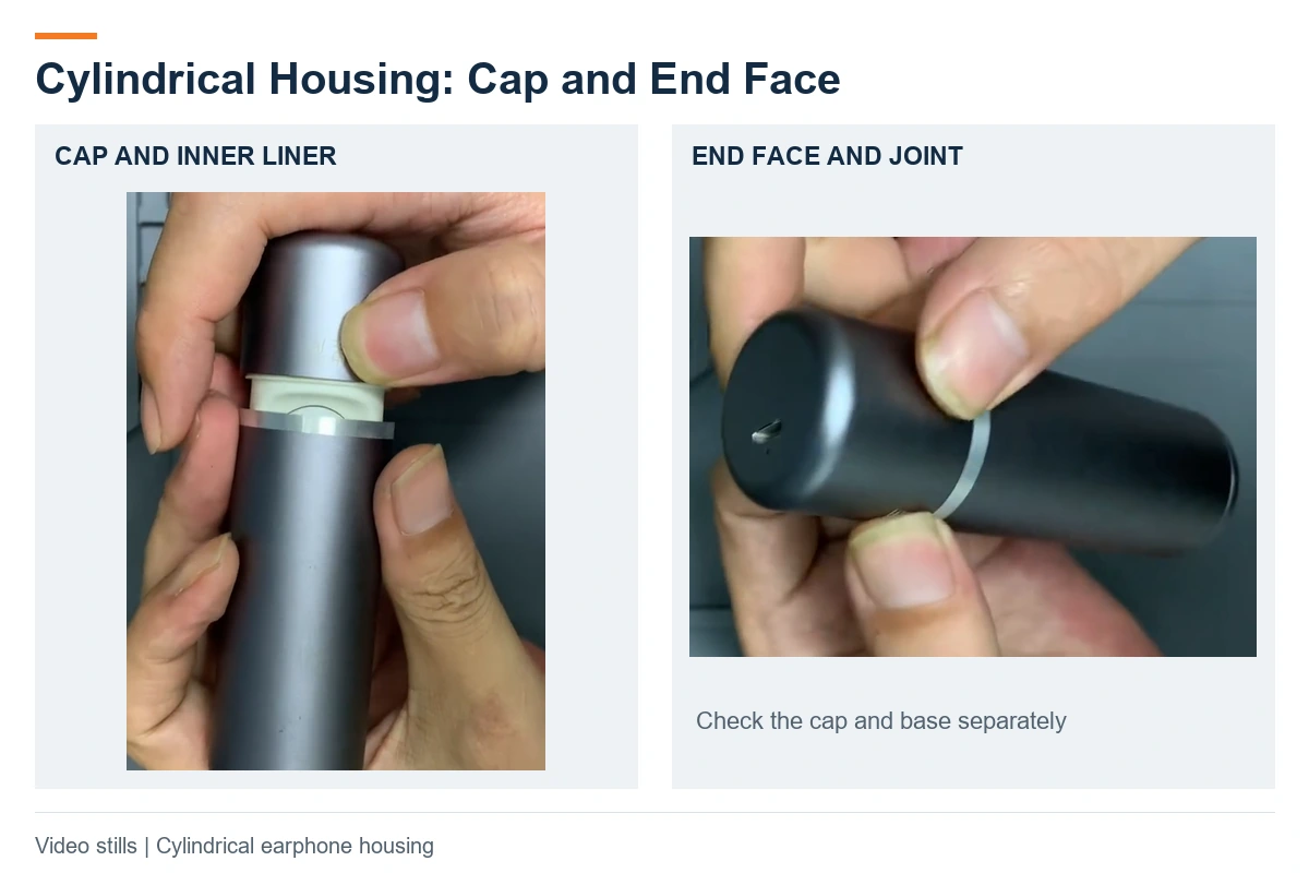 Cylindrical earphone housing with the cap lifted, beside a view of the end-face opening and cap joint